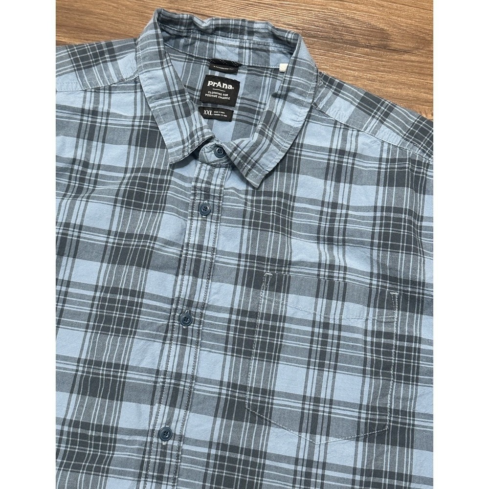Prana Blue Gray Plaid Benton Button Up Short Sleeve Shirt Men's Sz 2XL